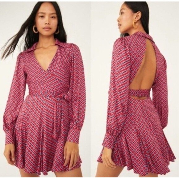 Free People Red Pink Blue Black Open Back Mini Dress Size Medium - Picture 1 of 14